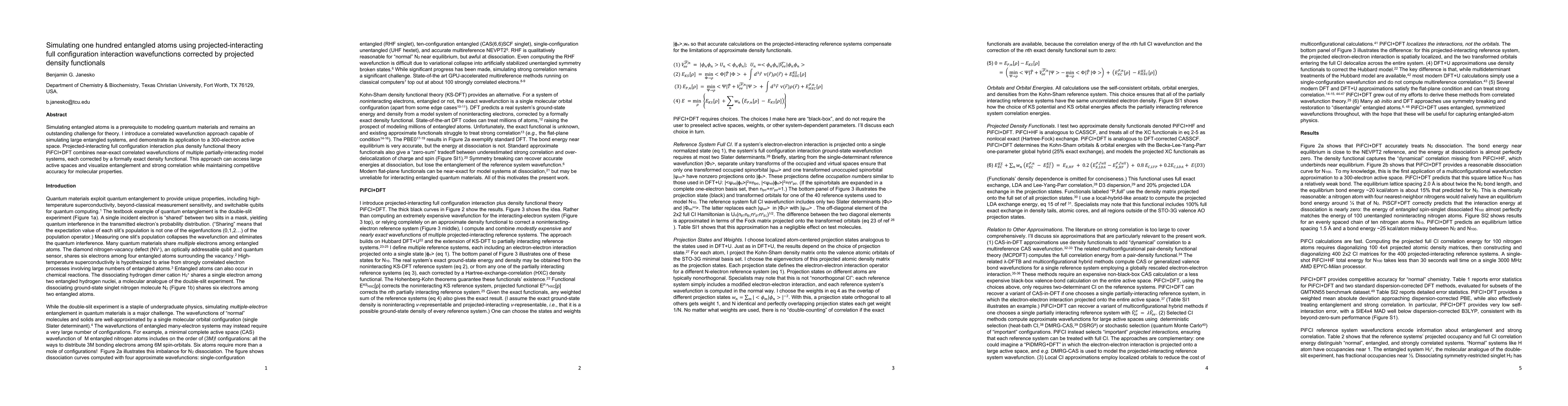 Thumbnail for Simulating one hundred entangled atoms using projected-interacting full
  configuration interaction wavefunctions corrected by projected density
  functionals