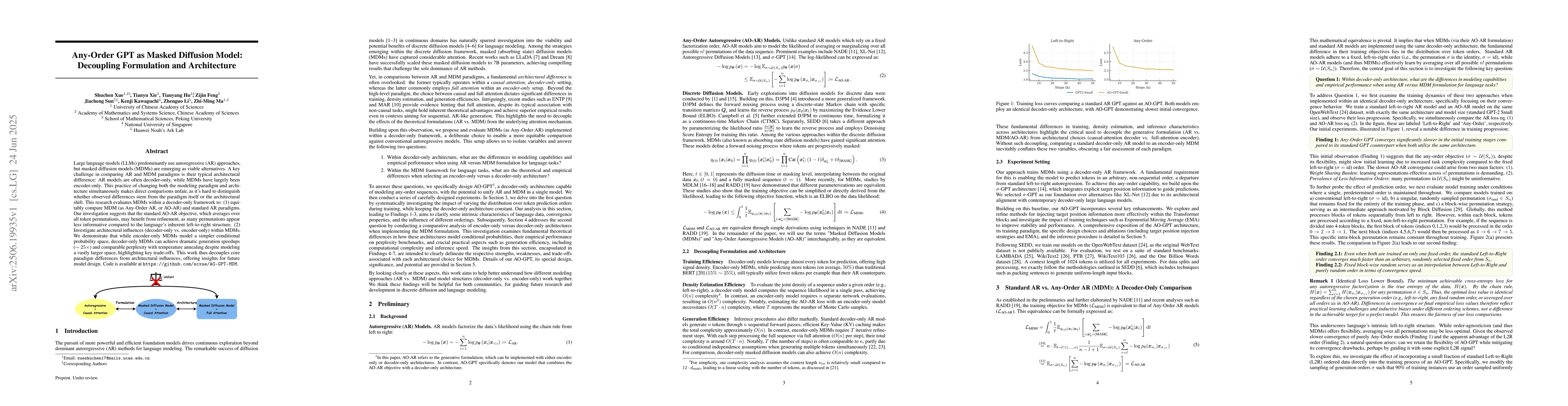 Thumbnail for Any-Order GPT as Masked Diffusion Model: Decoupling Formulation and
  Architecture