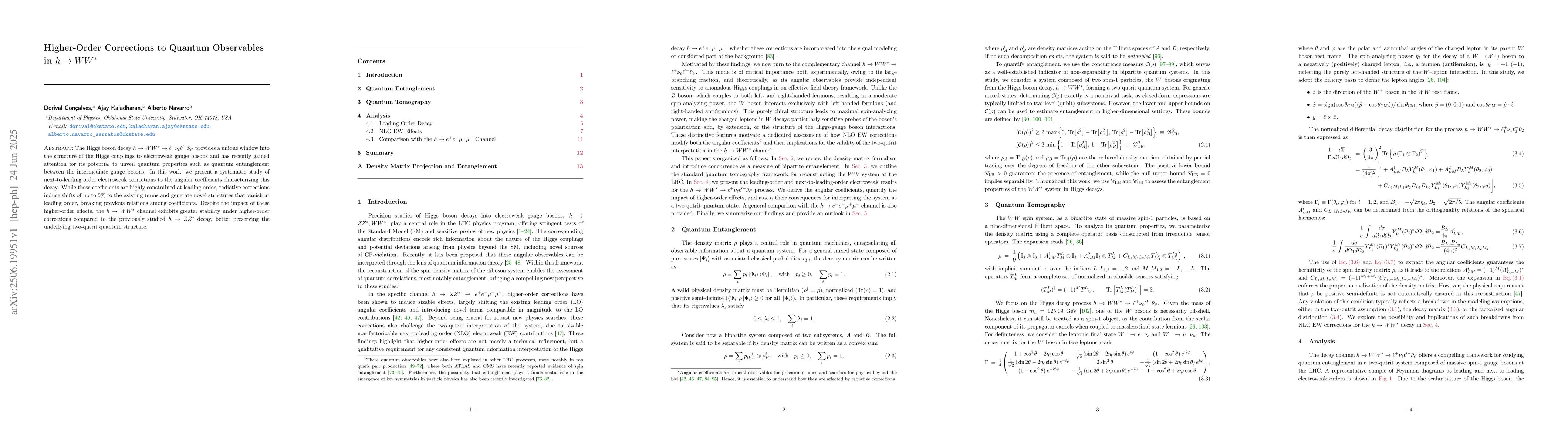 Thumbnail for Higher-Order Corrections to Quantum Observables in $h\to WW^*$