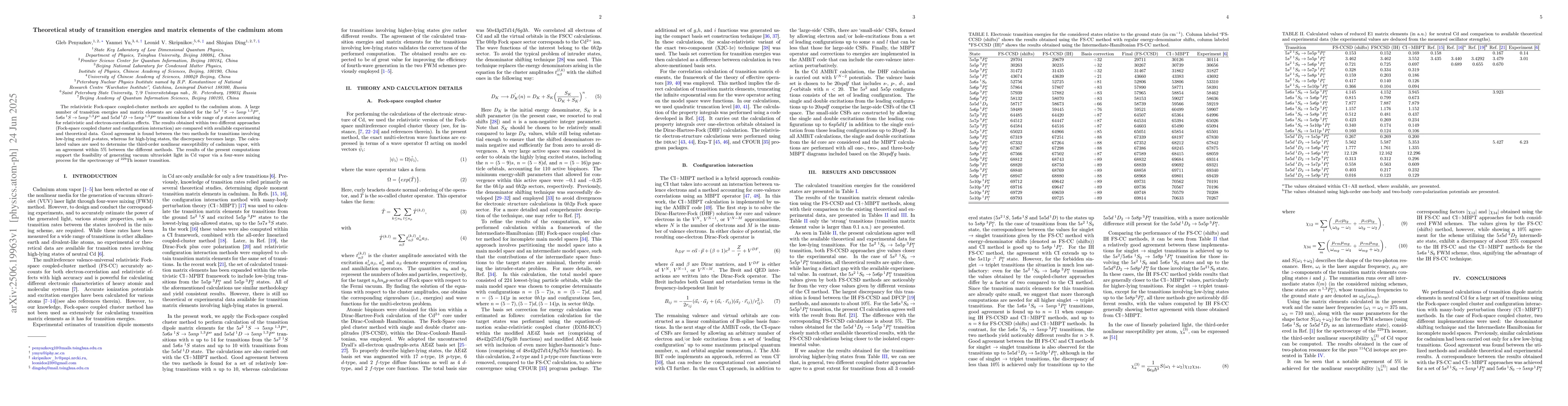 Thumbnail for Theoretical study of transition energies and matrix elements of the
  cadmium atom