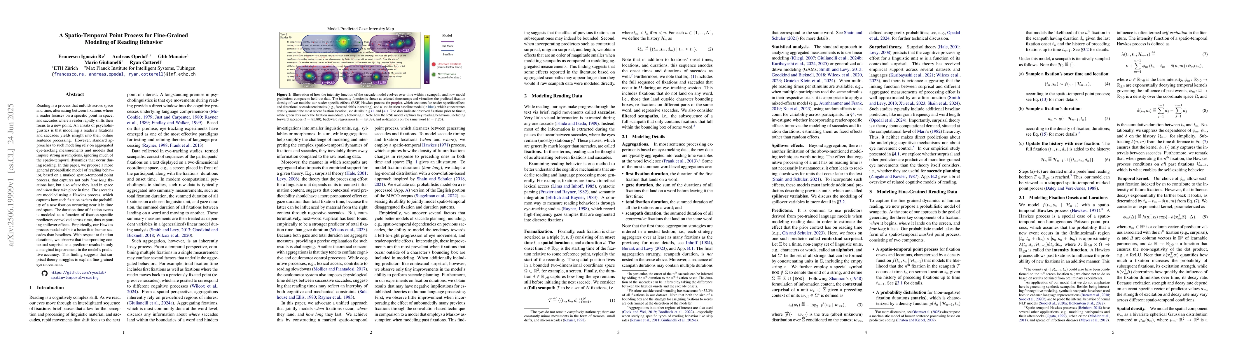 Thumbnail for A Spatio-Temporal Point Process for Fine-Grained Modeling of Reading
  Behavior