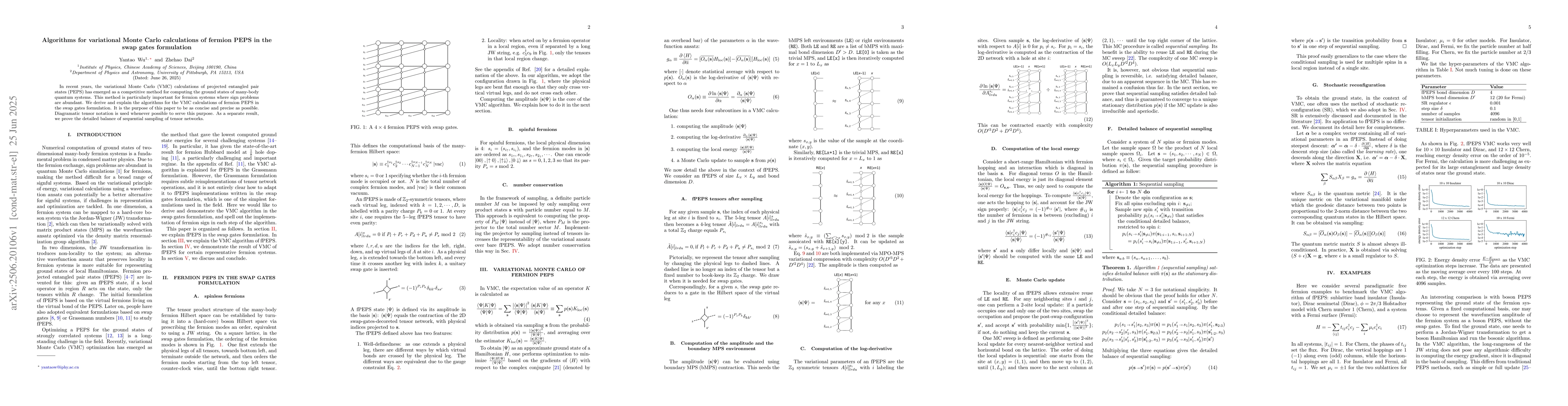 Thumbnail for Algorithms for variational Monte Carlo calculations of fermion PEPS in
  the swap gates formulation
