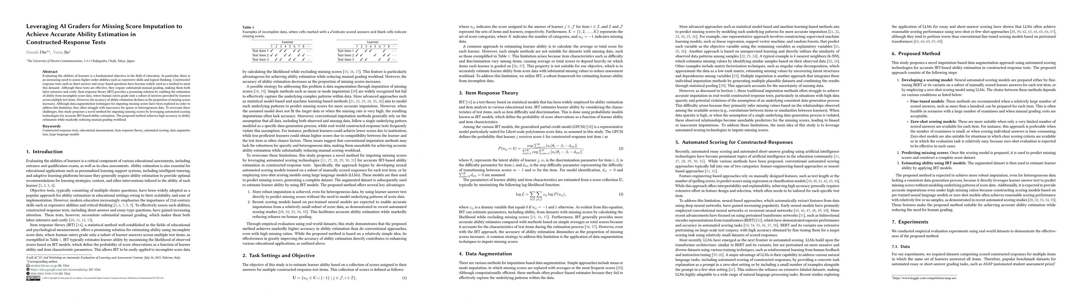 Thumbnail for Leveraging AI Graders for Missing Score Imputation to Achieve Accurate
  Ability Estimation in Constructed-Response Tests