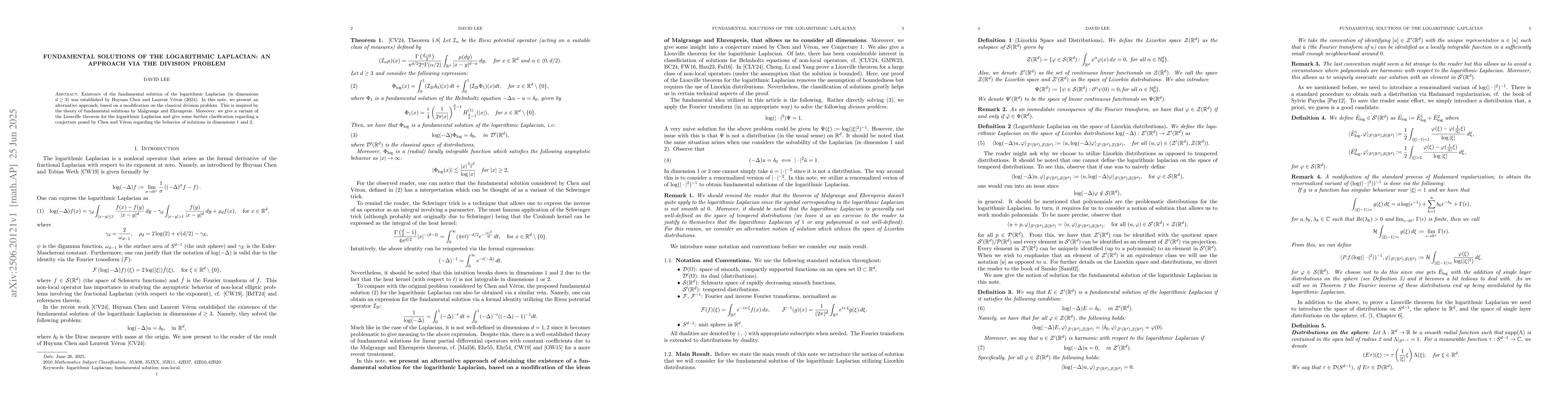 Thumbnail for Fundamental Solutions of the Logarithmic Laplacian: An Approach via the
  Division Problem