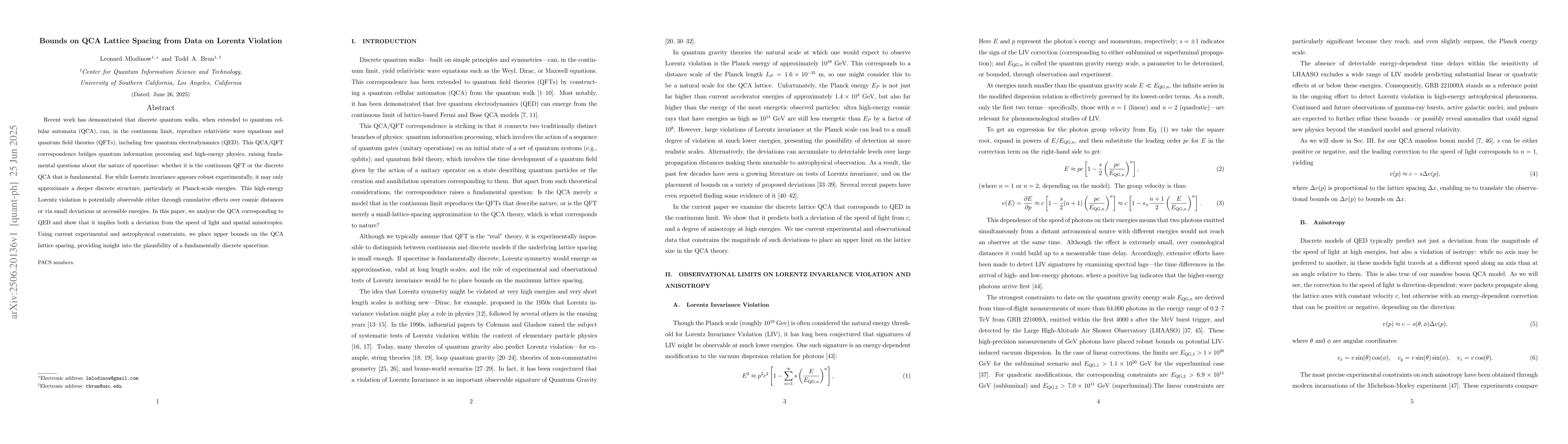 Thumbnail for Bounds on QCA Lattice Spacing from Data on Lorentz Violation