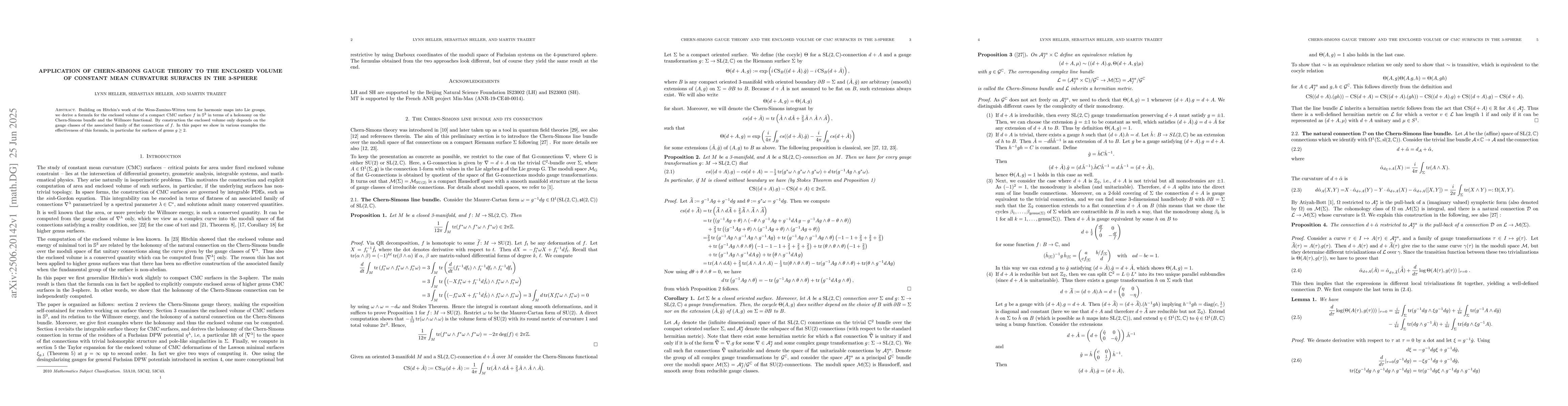 Thumbnail for Application of Chern-Simons gauge theory to the enclosed volume of
  constant mean curvature surfaces in the 3-sphere