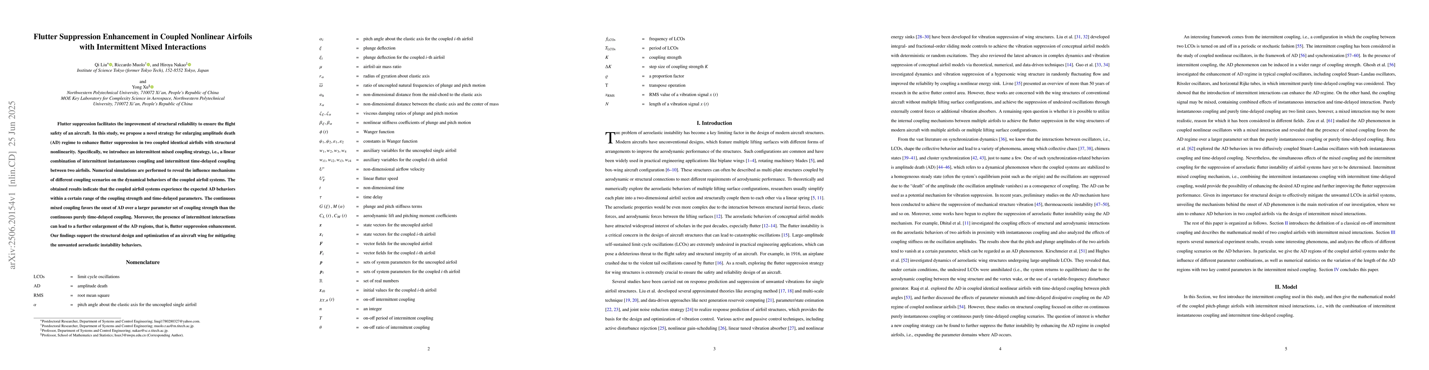 Thumbnail for Flutter Suppression Enhancement in Coupled Nonlinear Airfoils with
  Intermittent Mixed Interactions