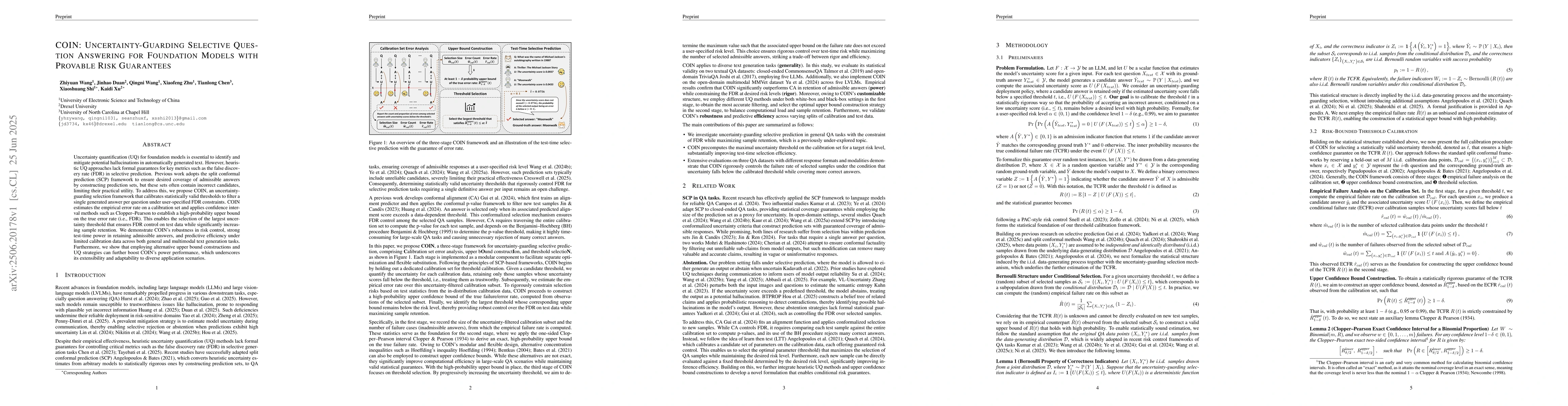 Thumbnail for COIN: Uncertainty-Guarding Selective Question Answering for Foundation
  Models with Provable Risk Guarantees