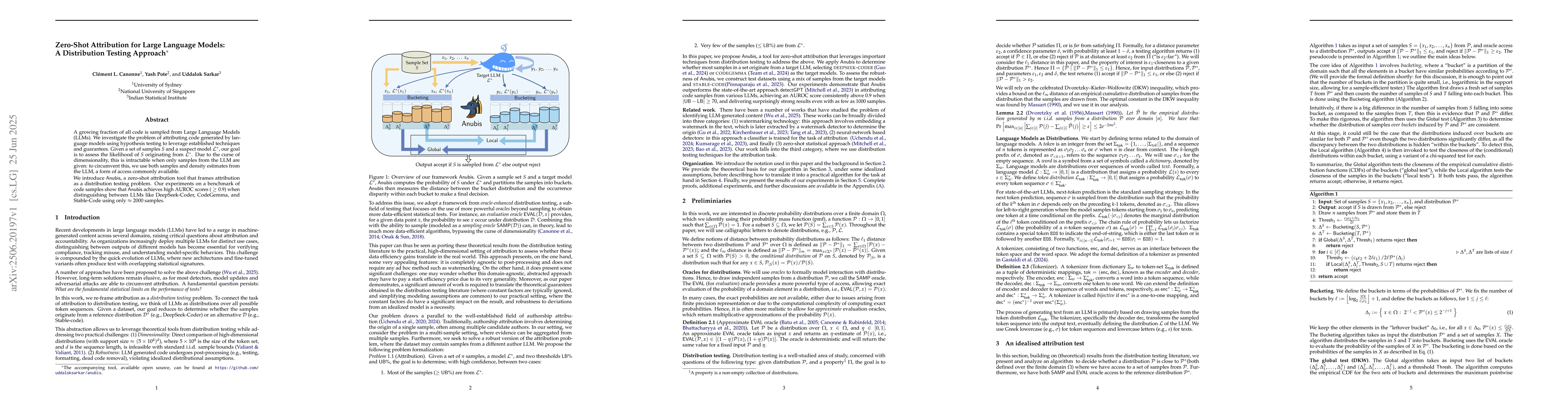 Thumbnail for Zero-Shot Attribution for Large Language Models: A Distribution Testing
  Approach