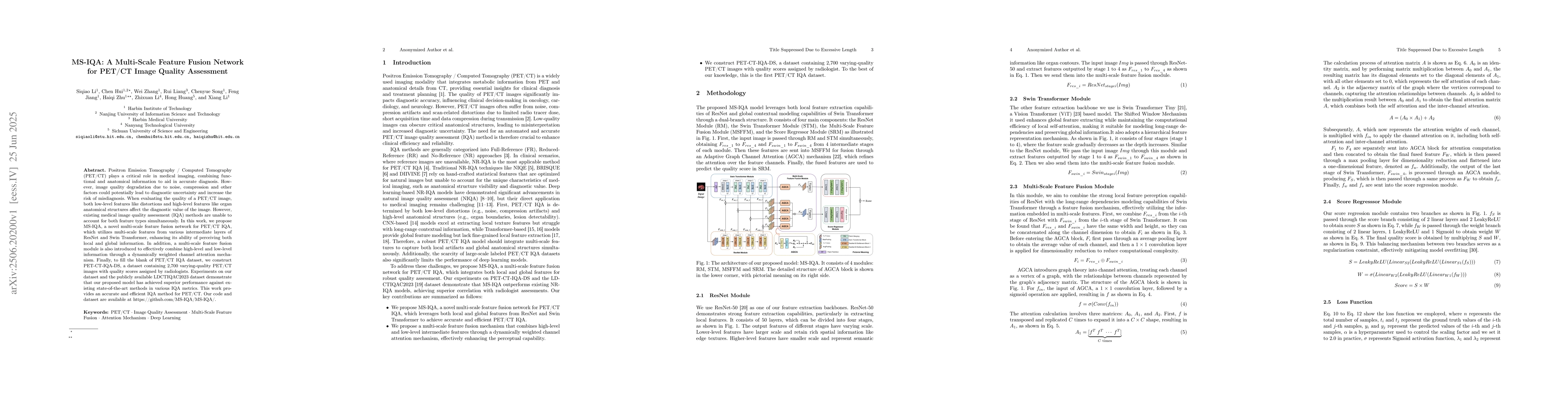 Thumbnail for MS-IQA: A Multi-Scale Feature Fusion Network for PET/CT Image Quality
  Assessment