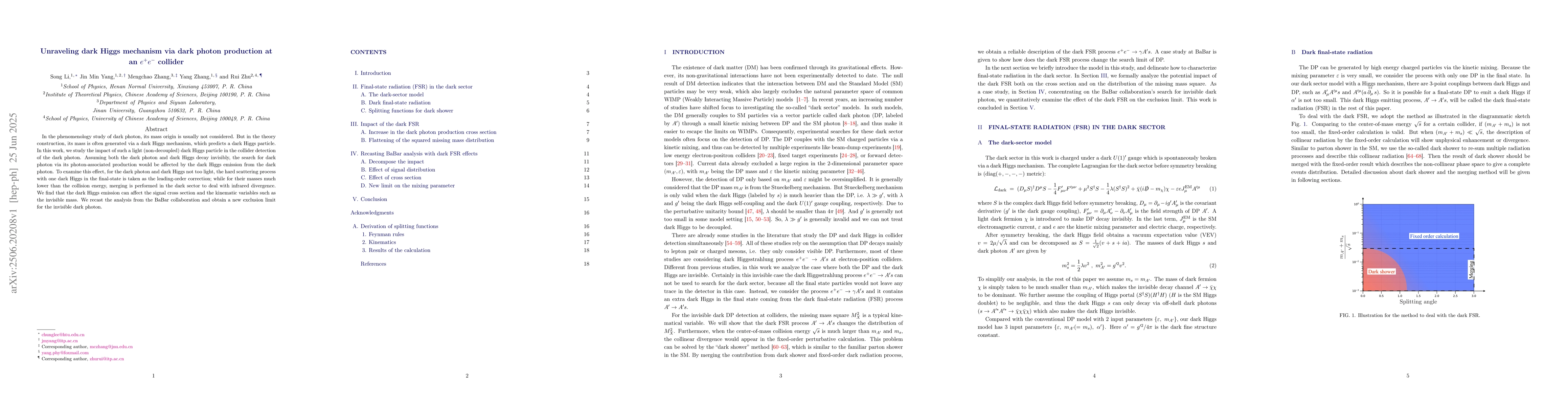 Thumbnail for Unraveling dark Higgs mechanism via dark photon production at an e^+ e^-
  collider