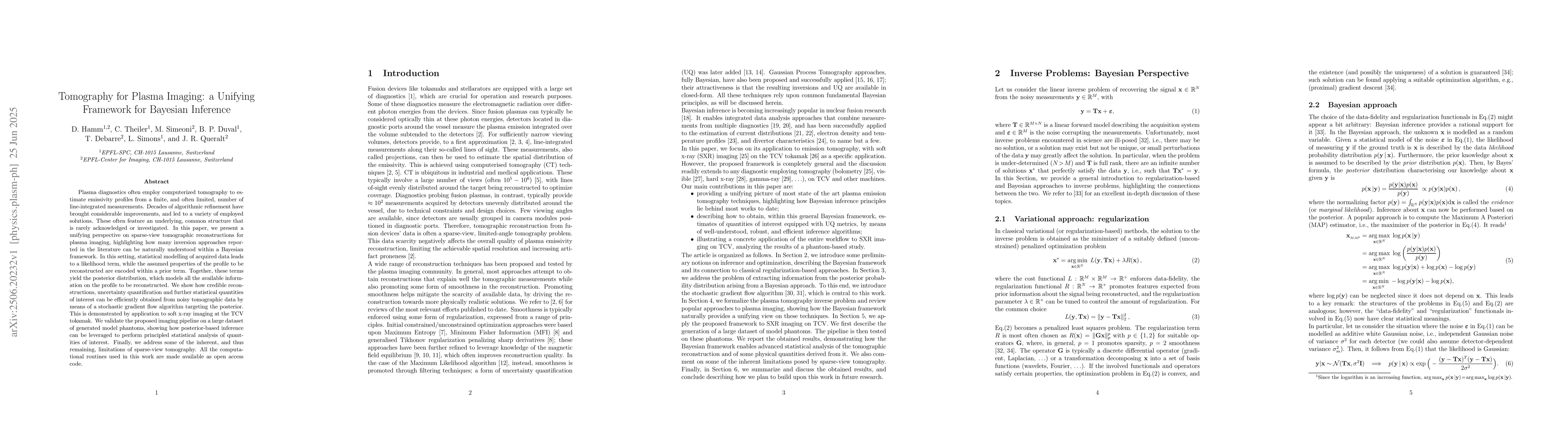 Thumbnail for Tomography for Plasma Imaging: a Unifying Framework for Bayesian
  Inference