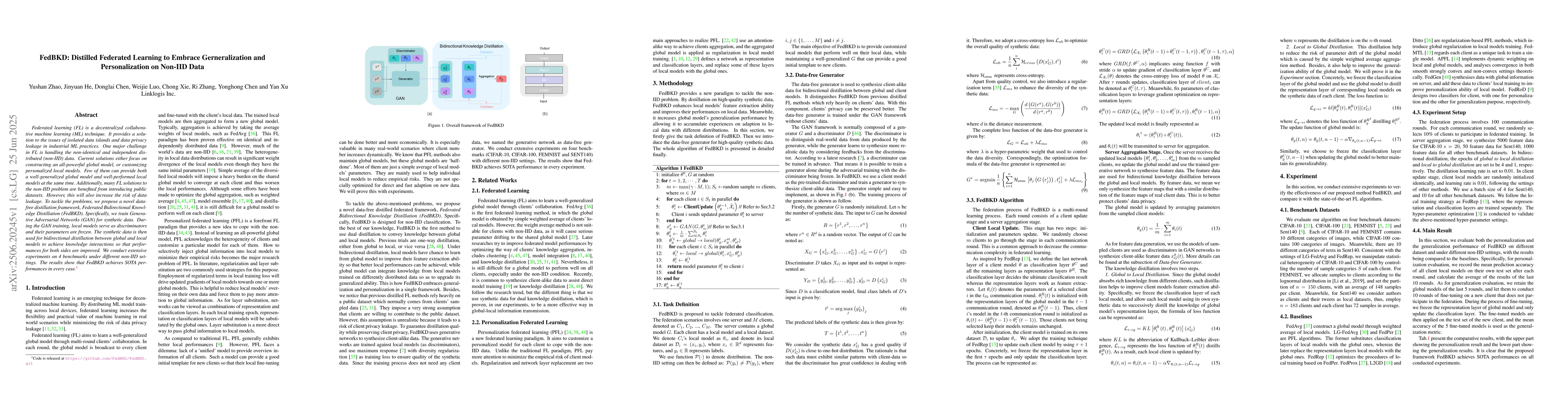Thumbnail for FedBKD: Distilled Federated Learning to Embrace Gerneralization and
  Personalization on Non-IID Data