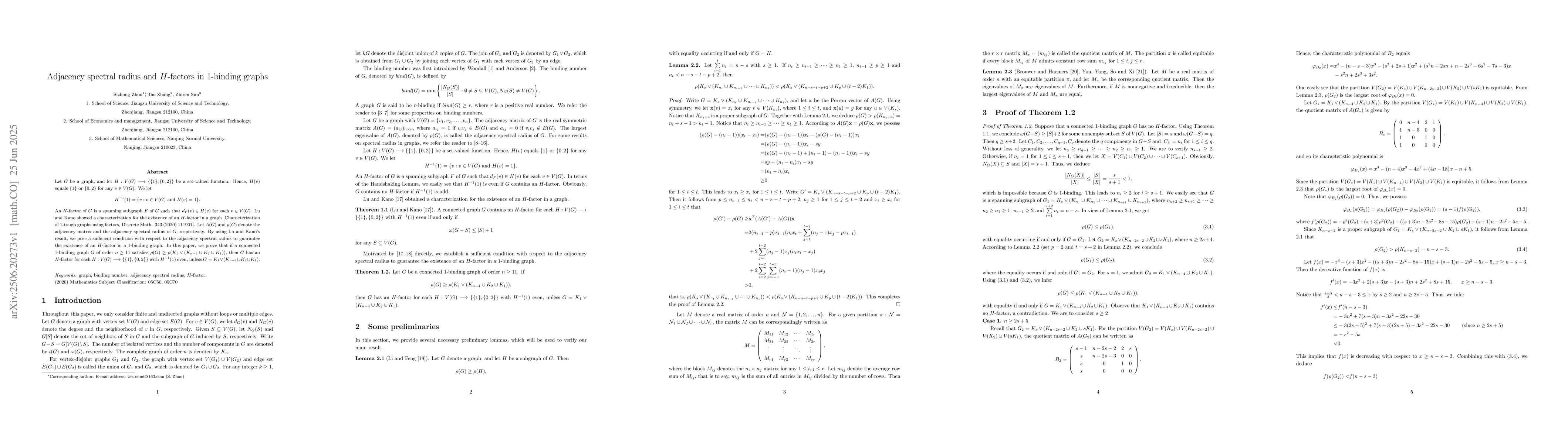 Thumbnail for Adjacency spectral radius and H-factors in 1-binding graphs