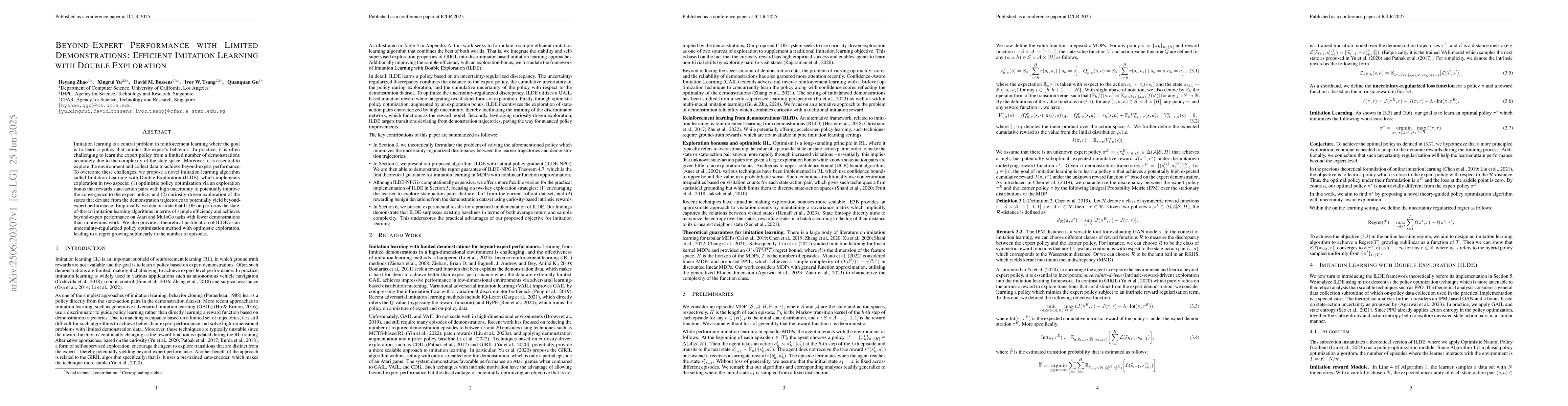Thumbnail for Beyond-Expert Performance with Limited Demonstrations: Efficient
  Imitation Learning with Double Exploration