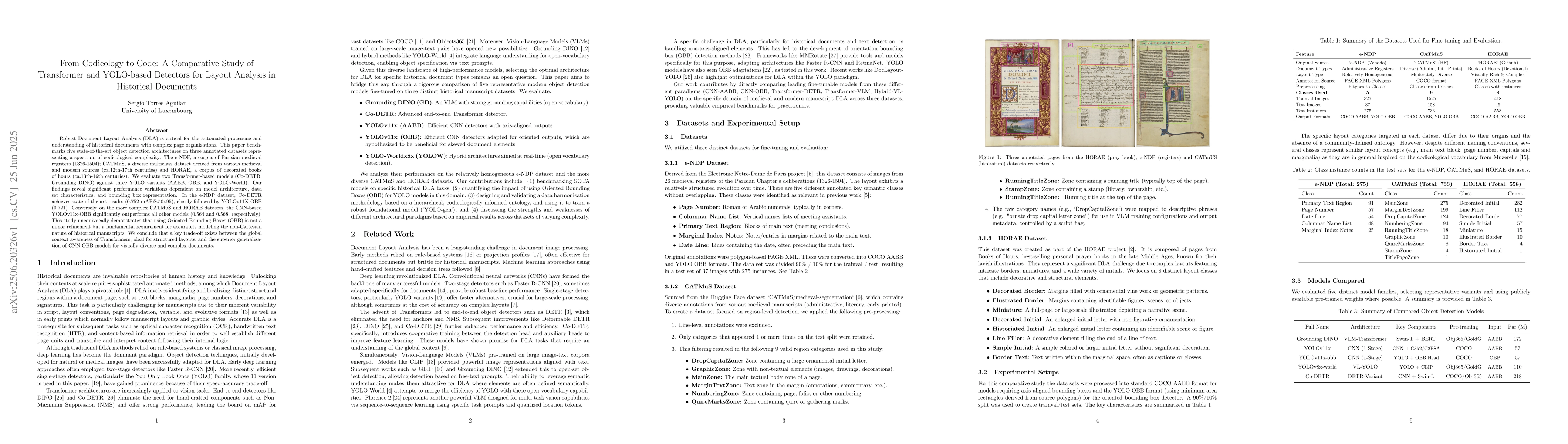 Thumbnail for From Codicology to Code: A Comparative Study of Transformer and
  YOLO-based Detectors for Layout Analysis in Historical Documents