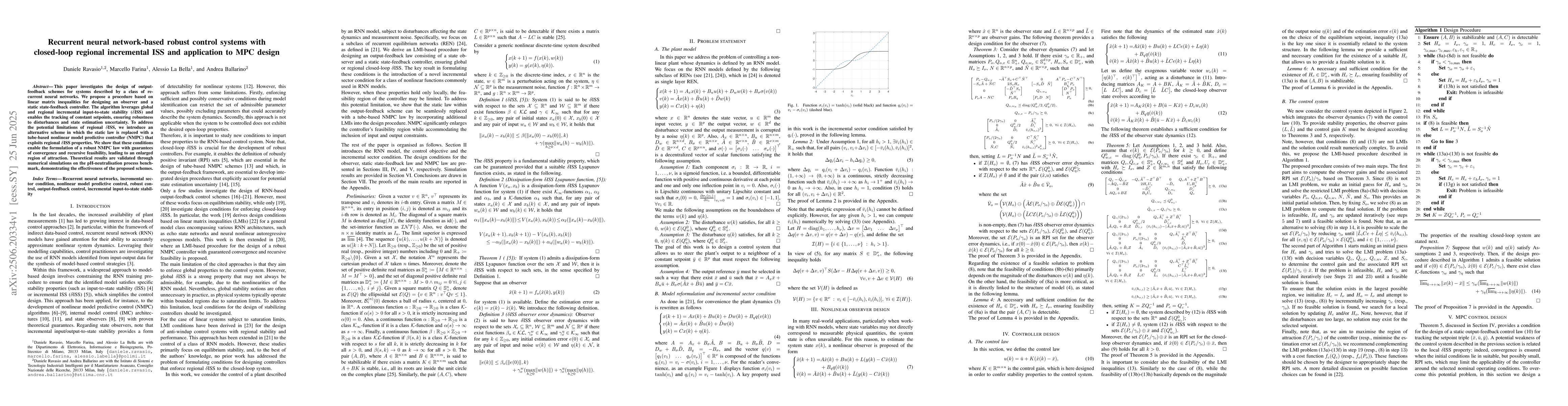 Thumbnail for Recurrent neural network-based robust control systems with closed-loop
  regional incremental ISS and application to MPC design