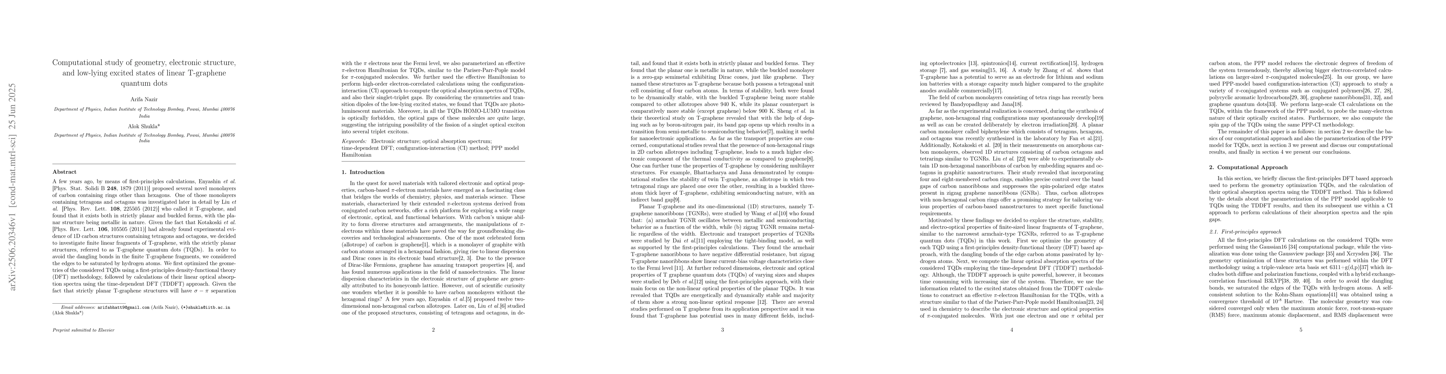Thumbnail for Computational study of geometry, electronic structure and low-lying
  excited states of linear T-graphene quantum dots