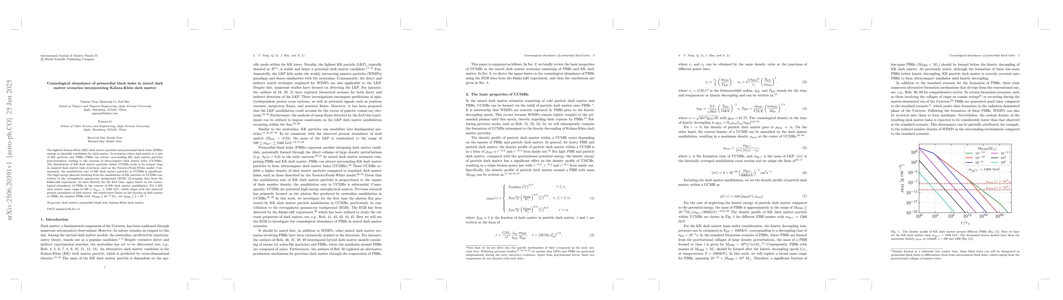 Thumbnail for Cosmological abundance of primordial black holes in mixed dark matter
  scenarios incorporating Kaluza-Klein dark matter