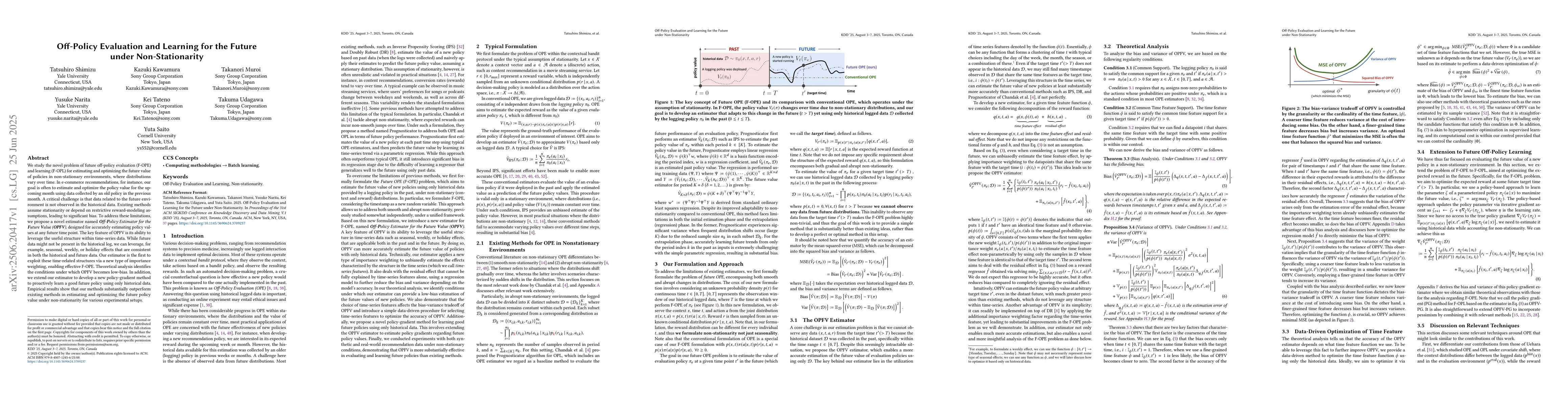 Thumbnail for Off-Policy Evaluation and Learning for the Future under Non-Stationarity