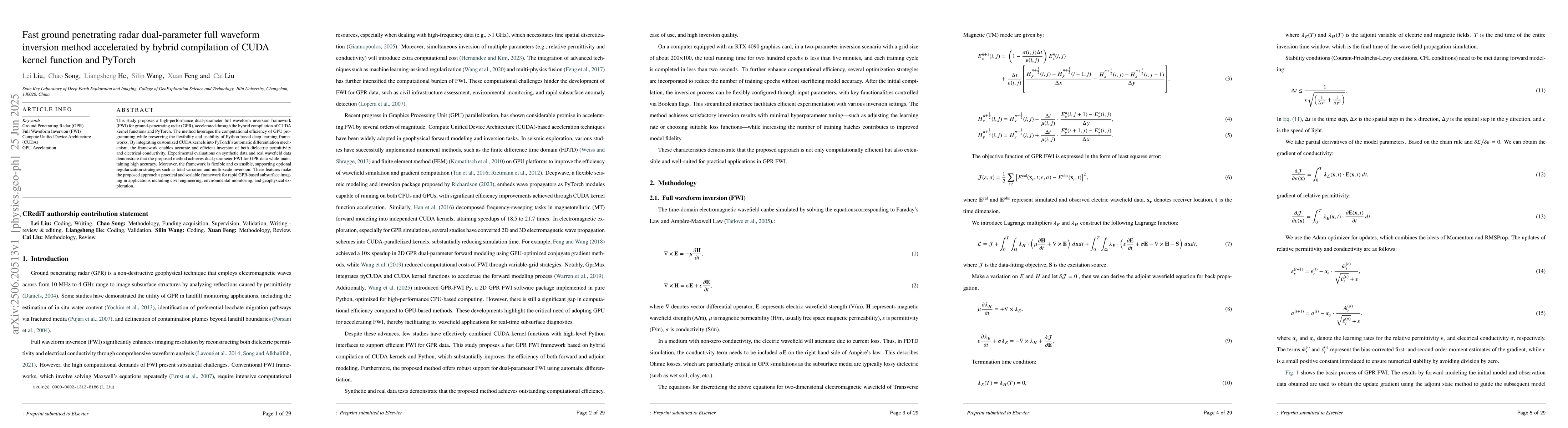 Thumbnail for Fast ground penetrating radar dual-parameter full waveform inversion
  method accelerated by hybrid compilation of CUDA kernel function and PyTorch