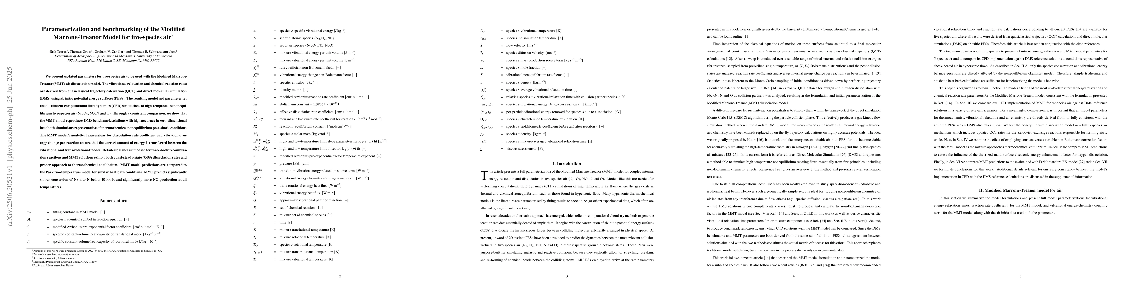 Thumbnail for Parameterization and benchmarking of the Modified Marrone-Treanor Model
  for five-species air