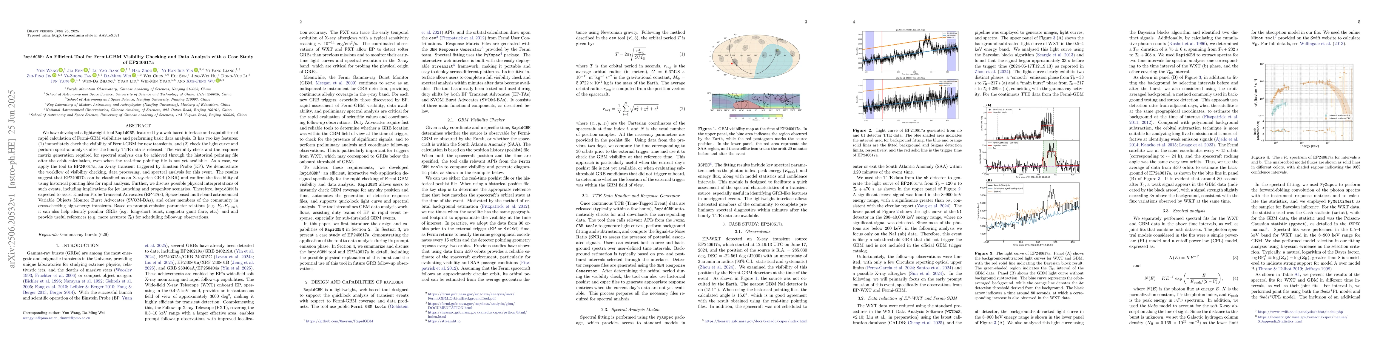 Thumbnail for {\tt RapidGBM}: An Efficient Tool for Fermi-GBM Visibility Checking and
  Data Analysis with a Case Study of EP240617a