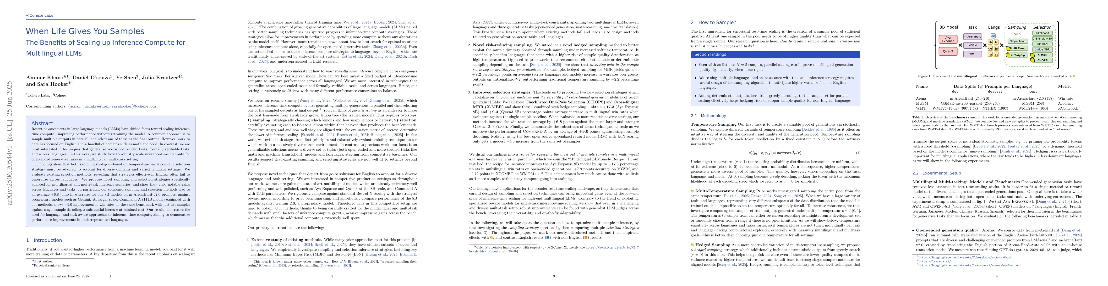Thumbnail for When Life Gives You Samples: The Benefits of Scaling up Inference
  Compute for Multilingual LLMs