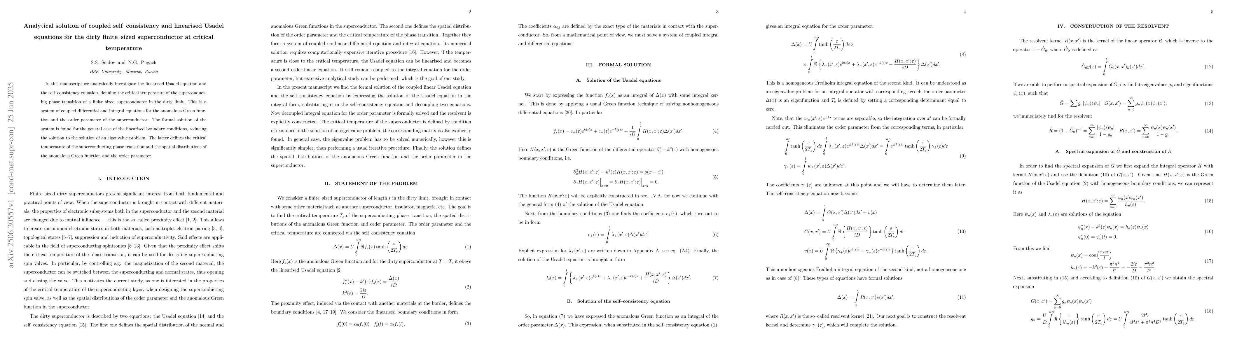 Thumbnail for Analytical solution of coupled self--consistency and linearised Usadel
  equations for the dirty finite--sized superconductor at critical temperature