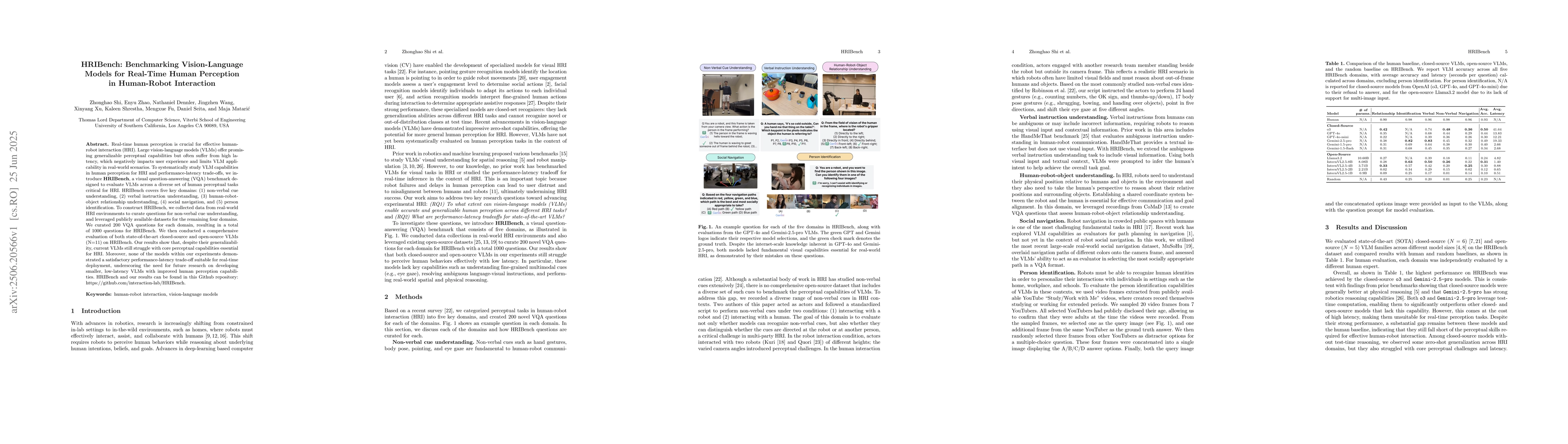 Thumbnail for HRIBench: Benchmarking Vision-Language Models for Real-Time Human
  Perception in Human-Robot Interaction