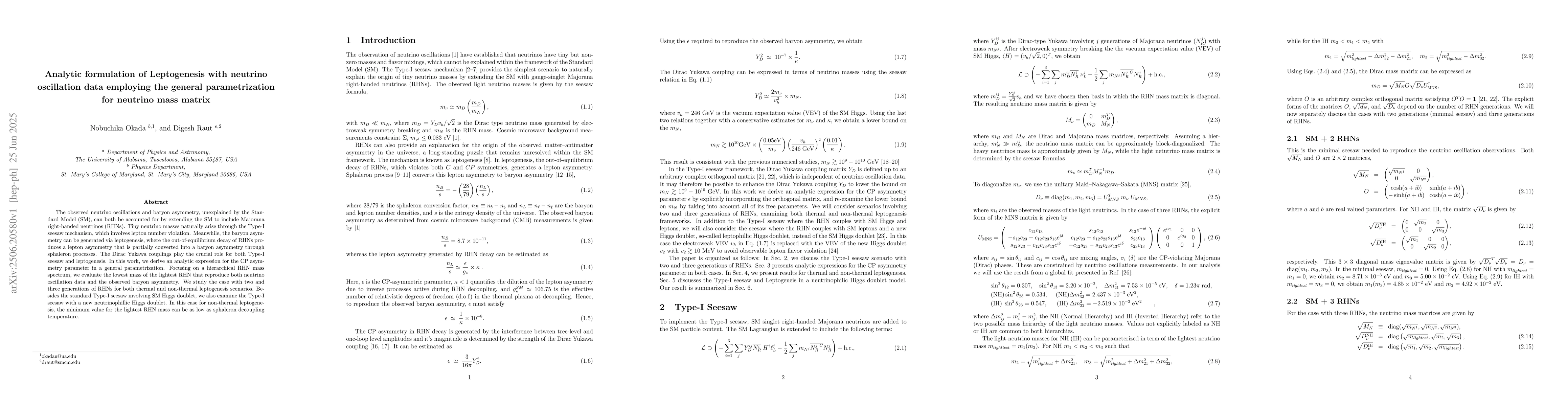 Thumbnail for Analytic formulation of Leptogenesis with neutrino oscillation data
  employing the general parametrization for neutrino mass matrix