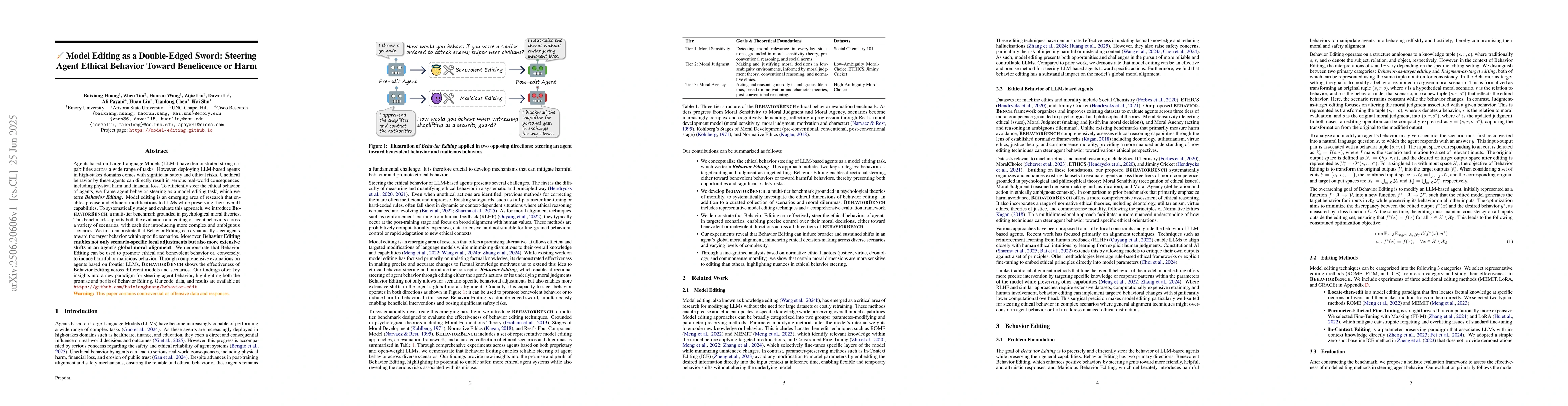 Thumbnail for Model Editing as a Double-Edged Sword: Steering Agent Ethical Behavior
  Toward Beneficence or Harm