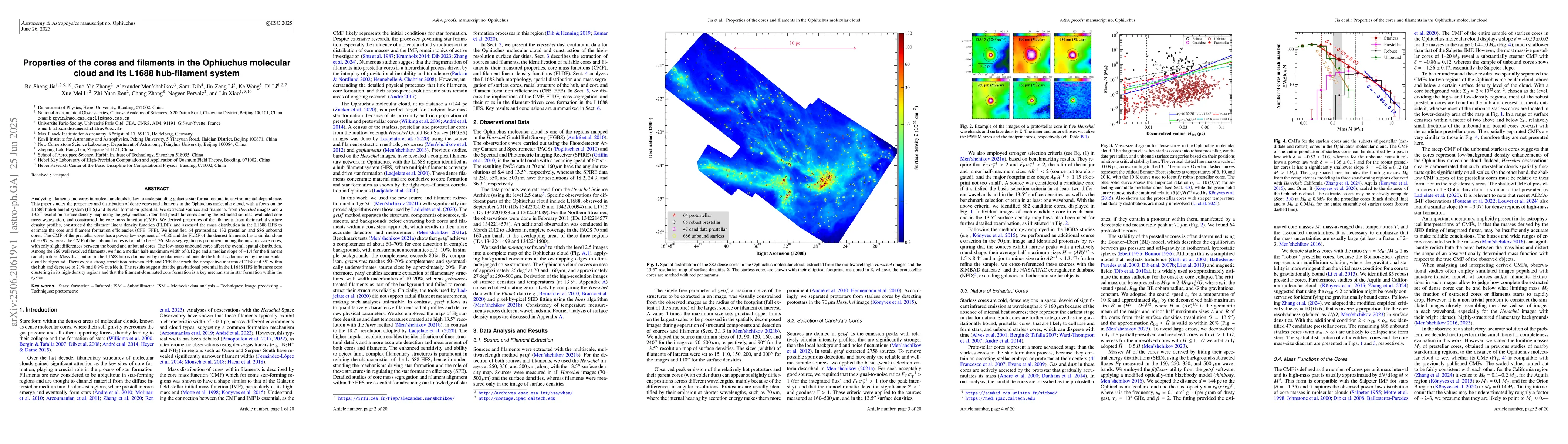 Thumbnail for Properties of the cores and filaments in the Ophiuchus molecular cloud
  and its L1688 hub-filament system