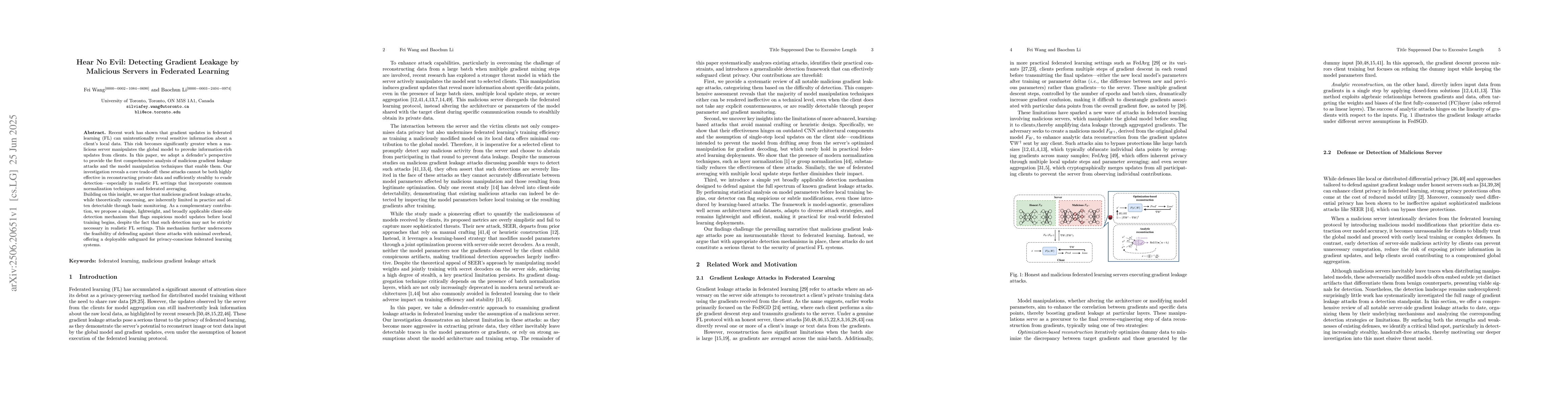Thumbnail for Hear No Evil: Detecting Gradient Leakage by Malicious Servers in
  Federated Learning