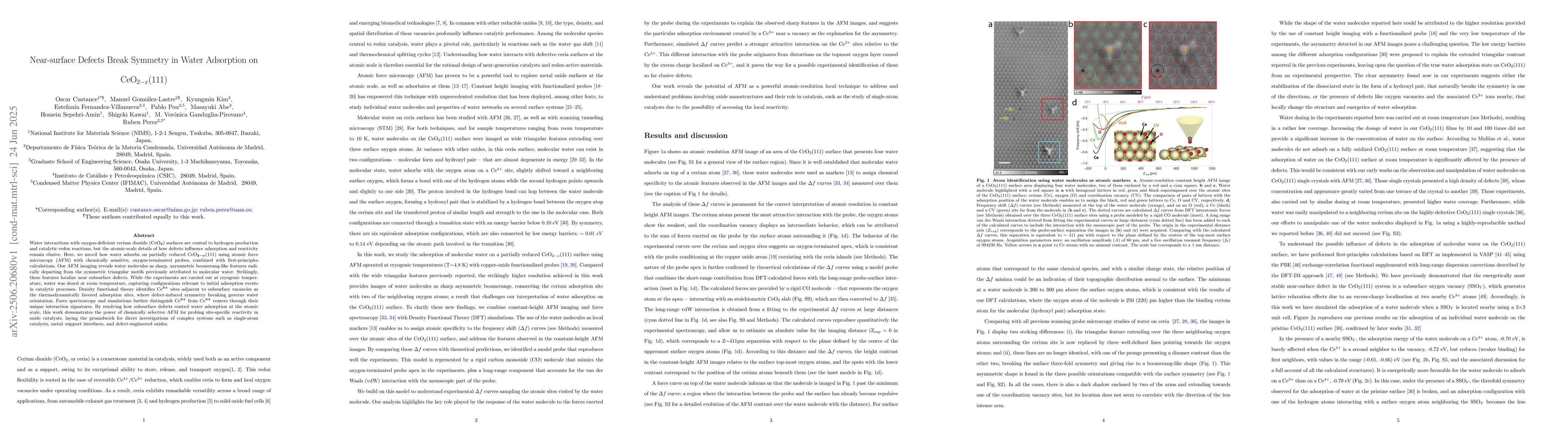 Thumbnail for Near-surface Defects Break Symmetry in Water Adsorption on
  CeO$_{2-x}$(111)