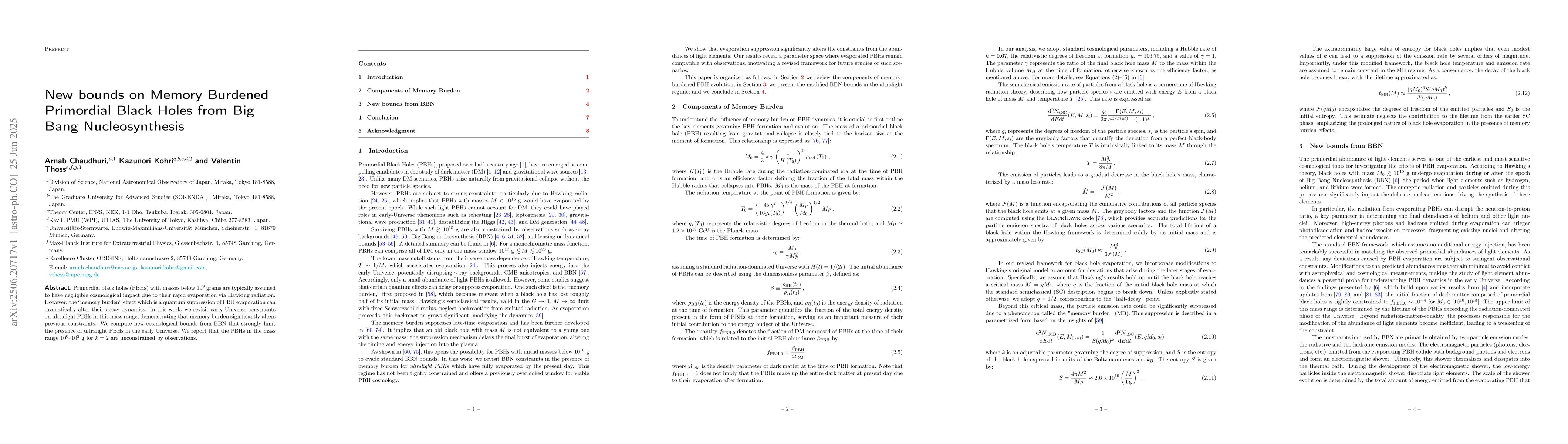 Thumbnail for New bounds on Memory Burdened Primordial Black Holes from Big Bang
  Nucleosynthesis