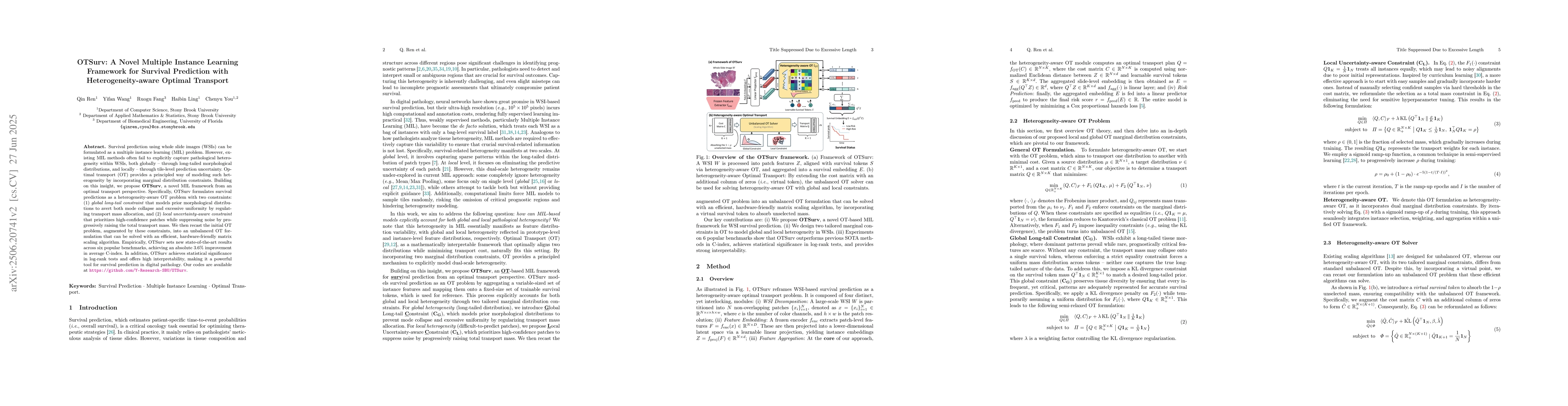 Thumbnail for OTSurv: A Novel Multiple Instance Learning Framework for Survival
  Prediction with Heterogeneity-aware Optimal Transport
