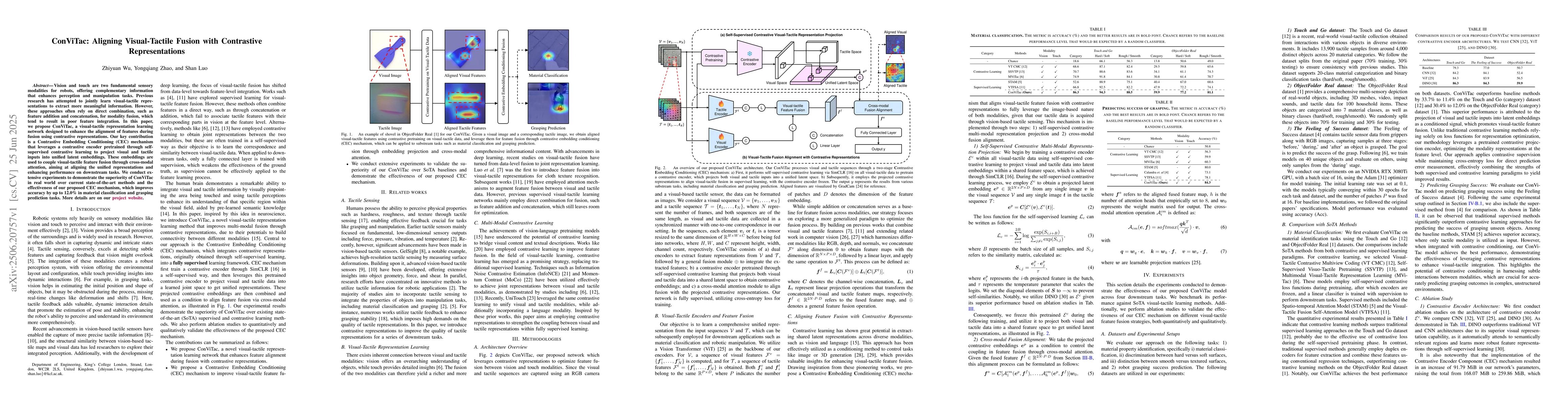 Thumbnail for ConViTac: Aligning Visual-Tactile Fusion with Contrastive
  Representations