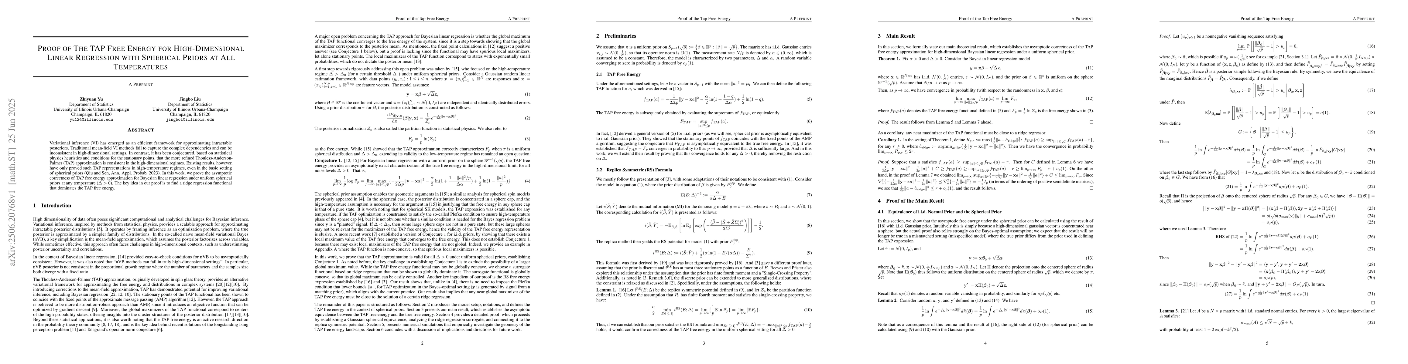 Thumbnail for Proof of The TAP Free Energy for High-Dimensional Linear Regression with
  Spherical Priors at All Temperatures