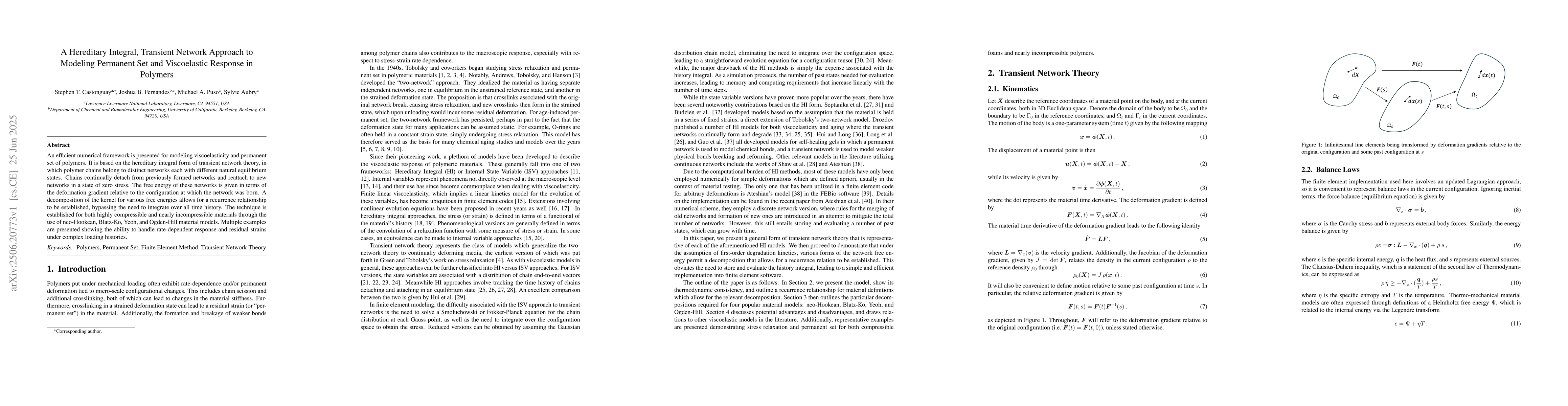 Thumbnail for A Hereditary Integral, Transient Network Approach to Modeling Permanent
  Set and Viscoelastic Response in Polymers