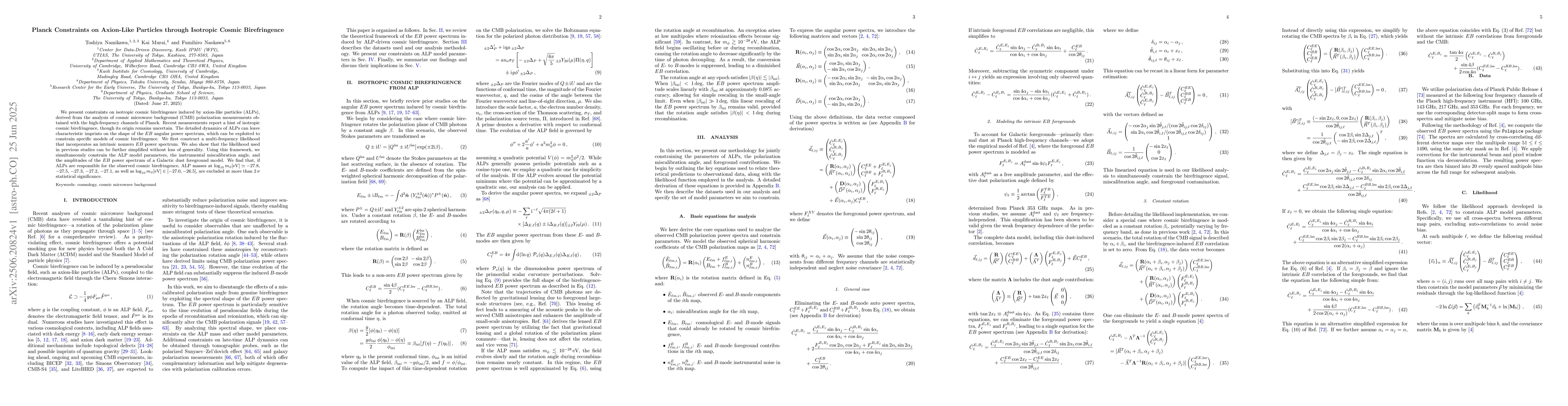 Thumbnail for Planck Constraints on Axion-Like Particles through Isotropic Cosmic
  Birefringence