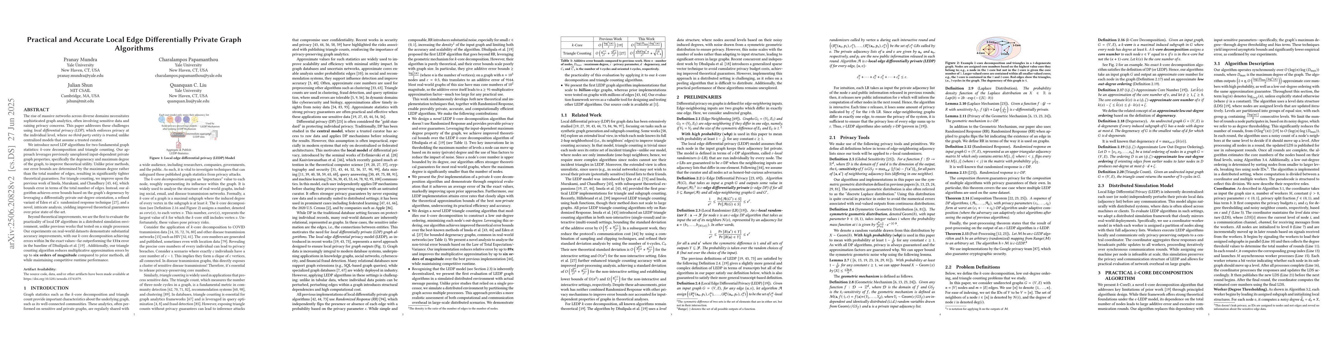Thumbnail for Practical and Accurate Local Edge Differentially Private Graph
  Algorithms