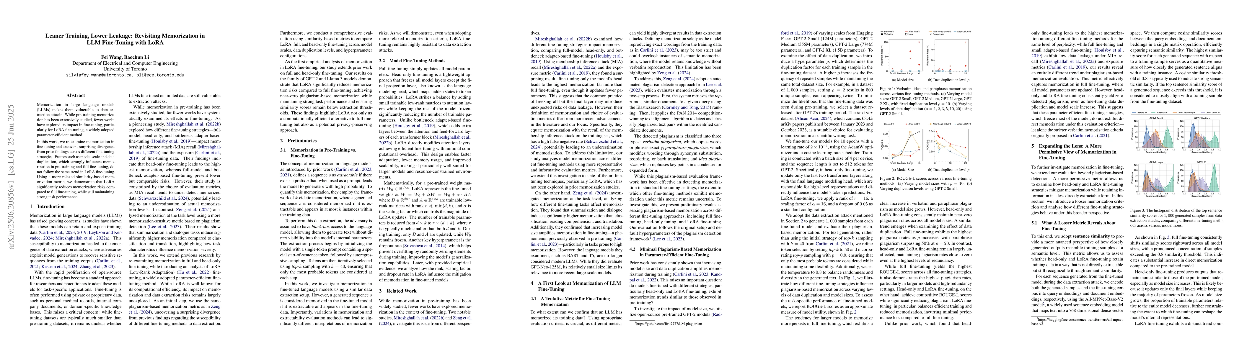 Thumbnail for Leaner Training, Lower Leakage: Revisiting Memorization in LLM
  Fine-Tuning with LoRA