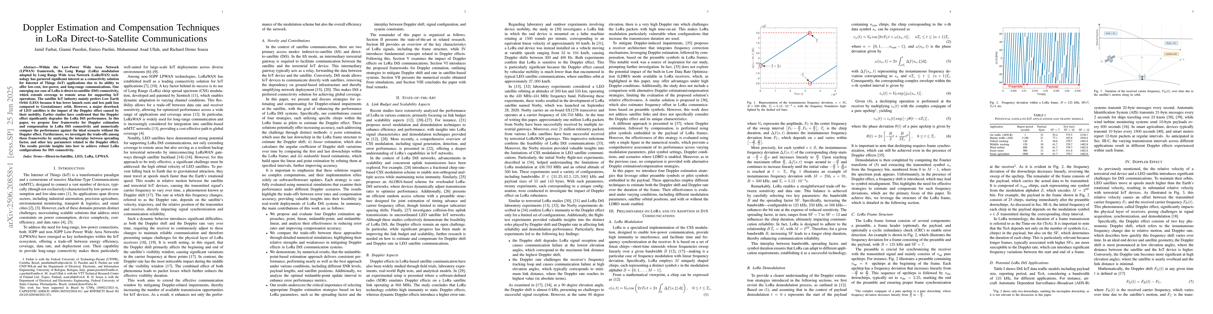Thumbnail for Doppler Estimation and Compensation Techniques in LoRa
  Direct-to-Satellite Communications
