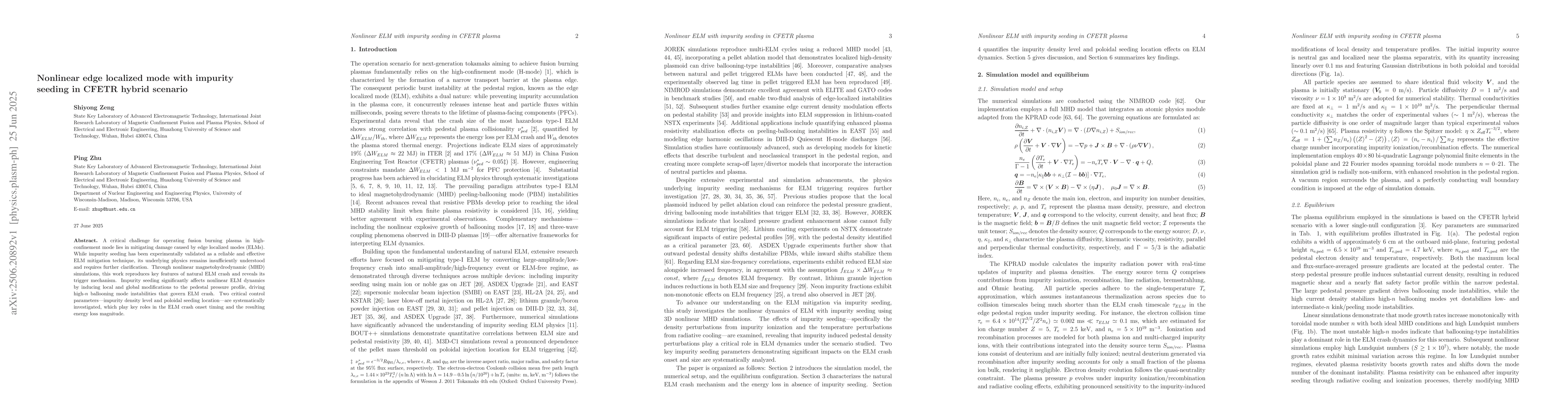 Thumbnail for Nonlinear edge localized mode with impurity seeding in CFETR hybrid
  scenario