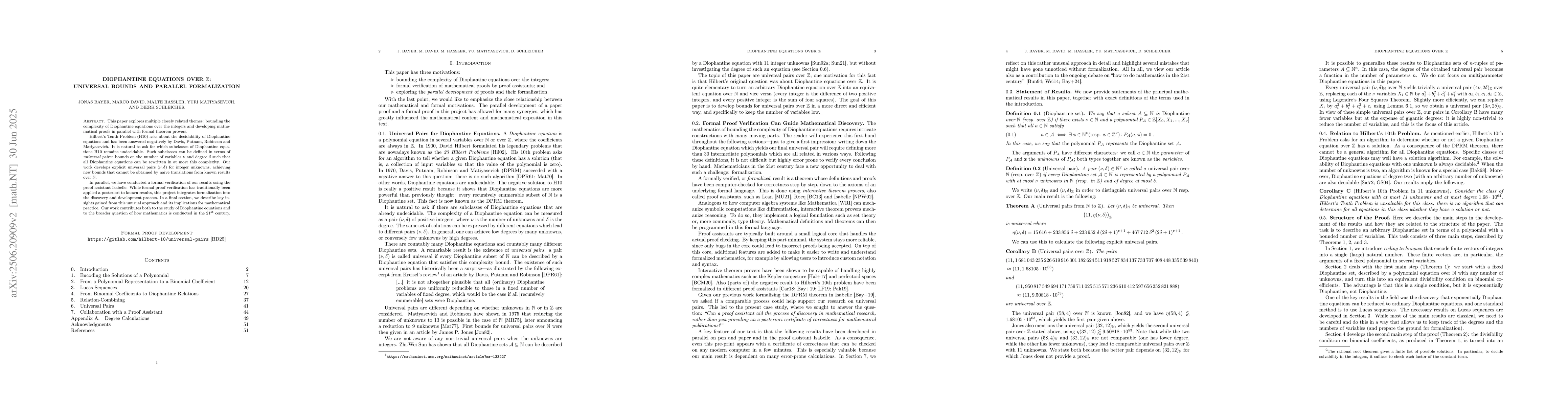 Thumbnail for Diophantine Equations over $\mathbb Z$: Universal Bounds and Parallel
  Formalization