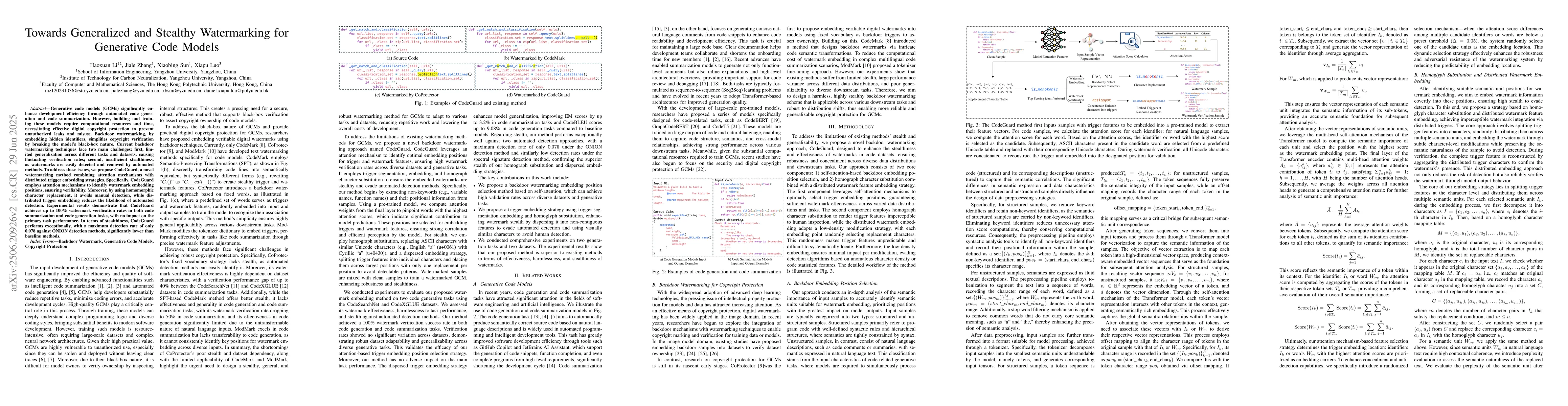 Thumbnail for CodeGuard: A Generalized and Stealthy Backdoor Watermarking for
  Generative Code Models