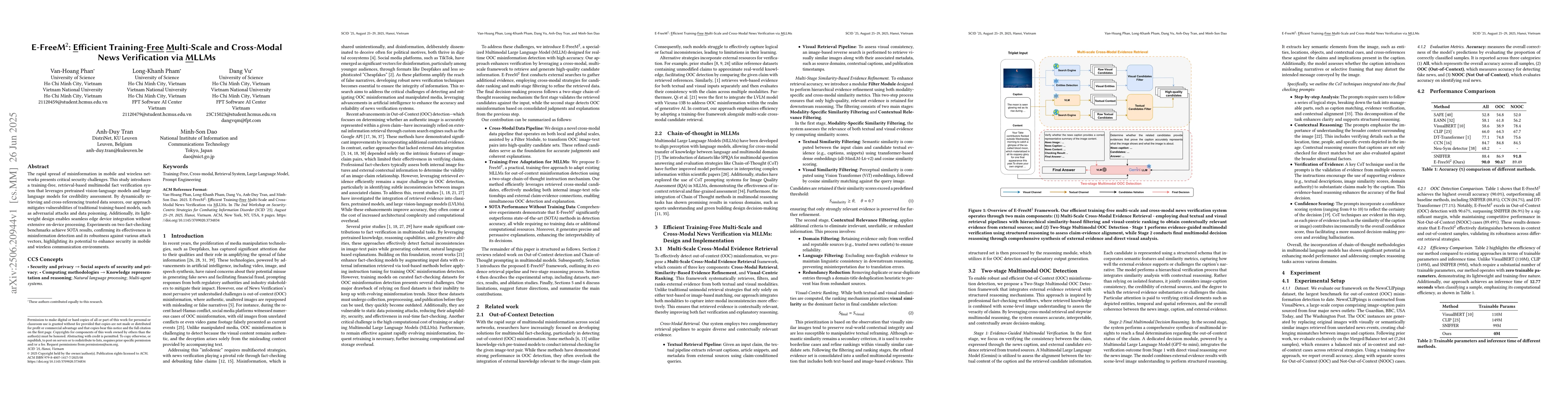 Thumbnail for E-FreeM2: Efficient Training-Free Multi-Scale and Cross-Modal News
  Verification via MLLMs
