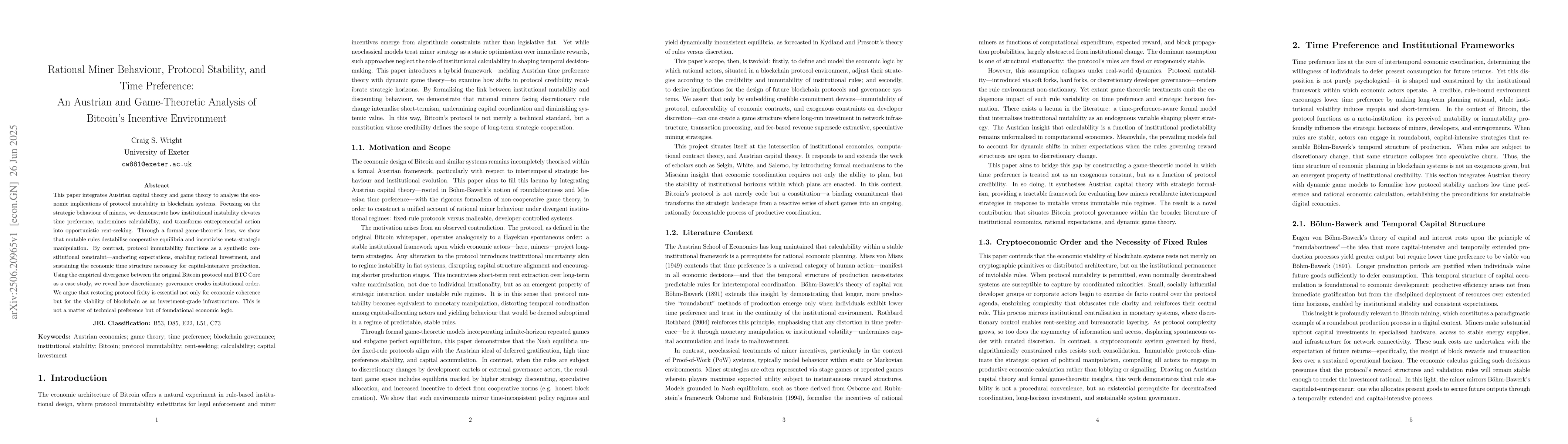 Thumbnail for Rational Miner Behaviour, Protocol Stability, and Time Preference: An
  Austrian and Game-Theoretic Analysis of Bitcoin's Incentive Environment