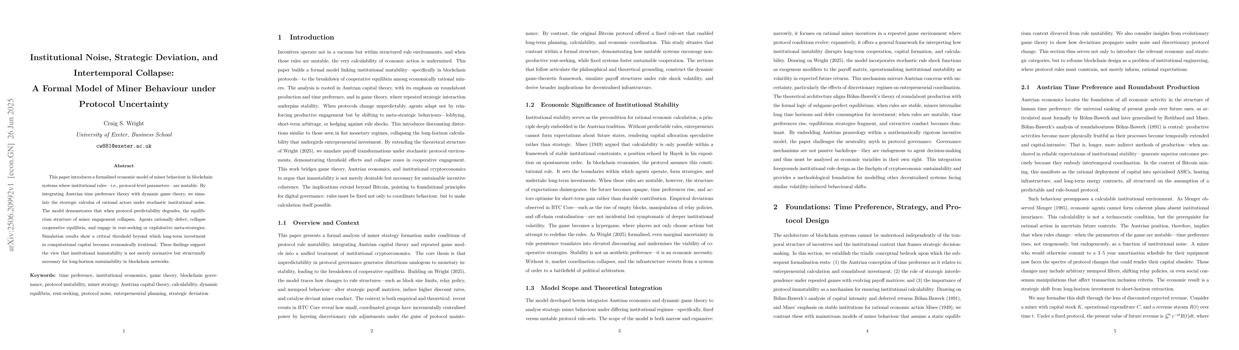 Thumbnail for Institutional Noise, Strategic Deviation, and Intertemporal Collapse: A
  Formal Model of Miner Behaviour under Protocol Uncertainty